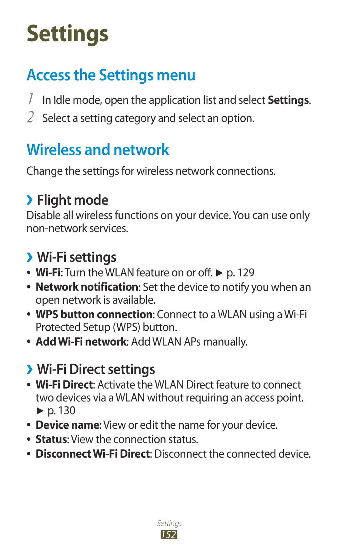 Samsung GT-N7000ZBADBT user manual Access the Settings menu, Wireless and network, ››Flight mode, ››Wi-Fi settings 