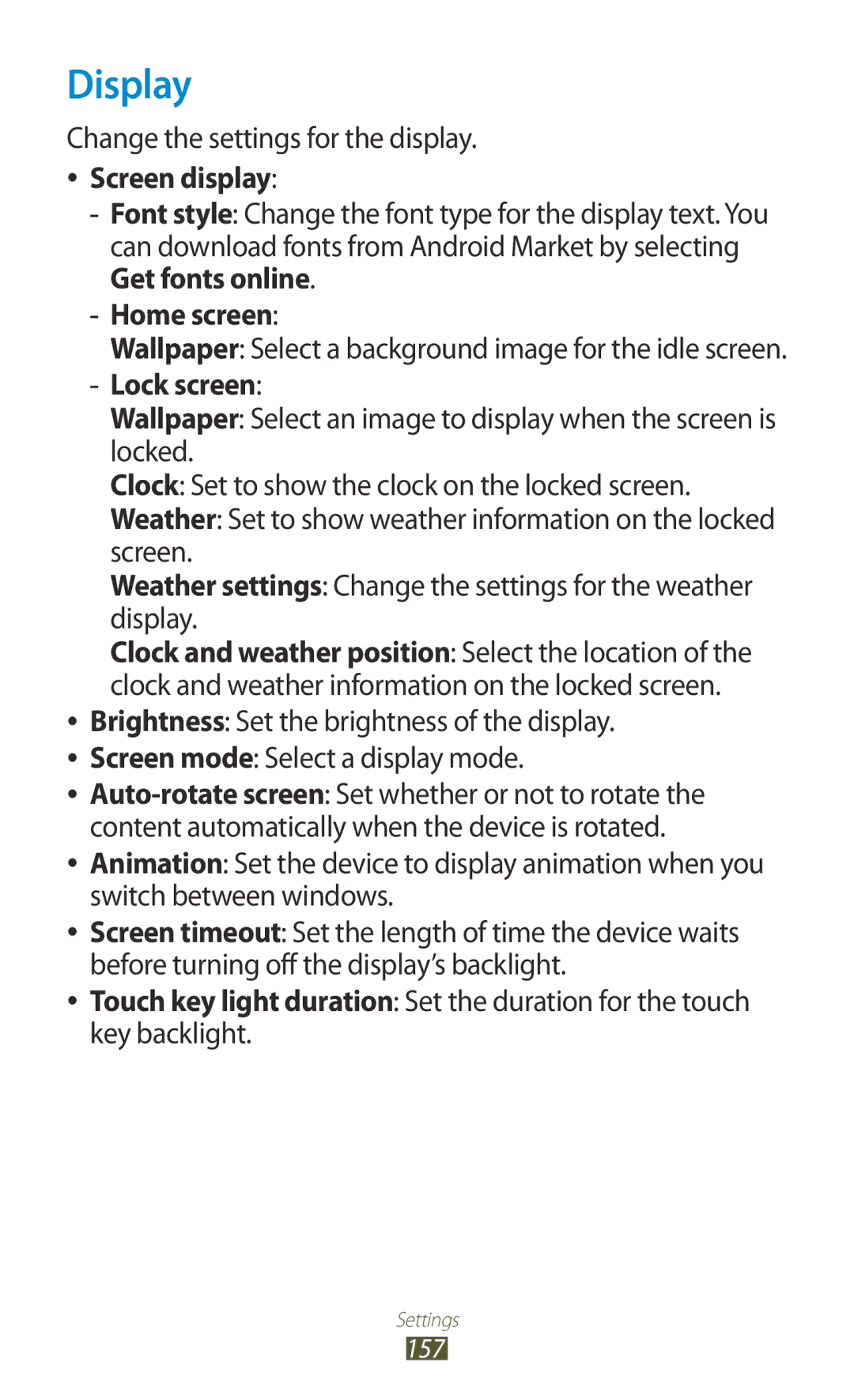 Samsung GT-N7000ZBADBT user manual Display, Change the settings for the display, Screen display, Home screen, Lock screen 