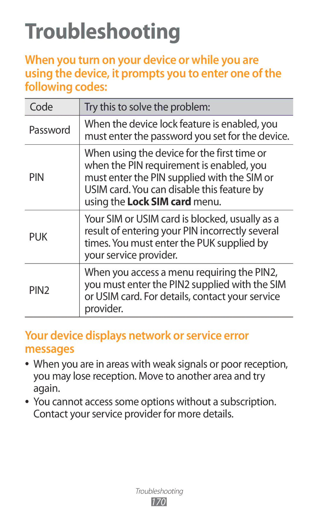 Samsung GT-N7000ZBADBT Code Try this to solve the problem Password, When using the device for the first time or, Provider 