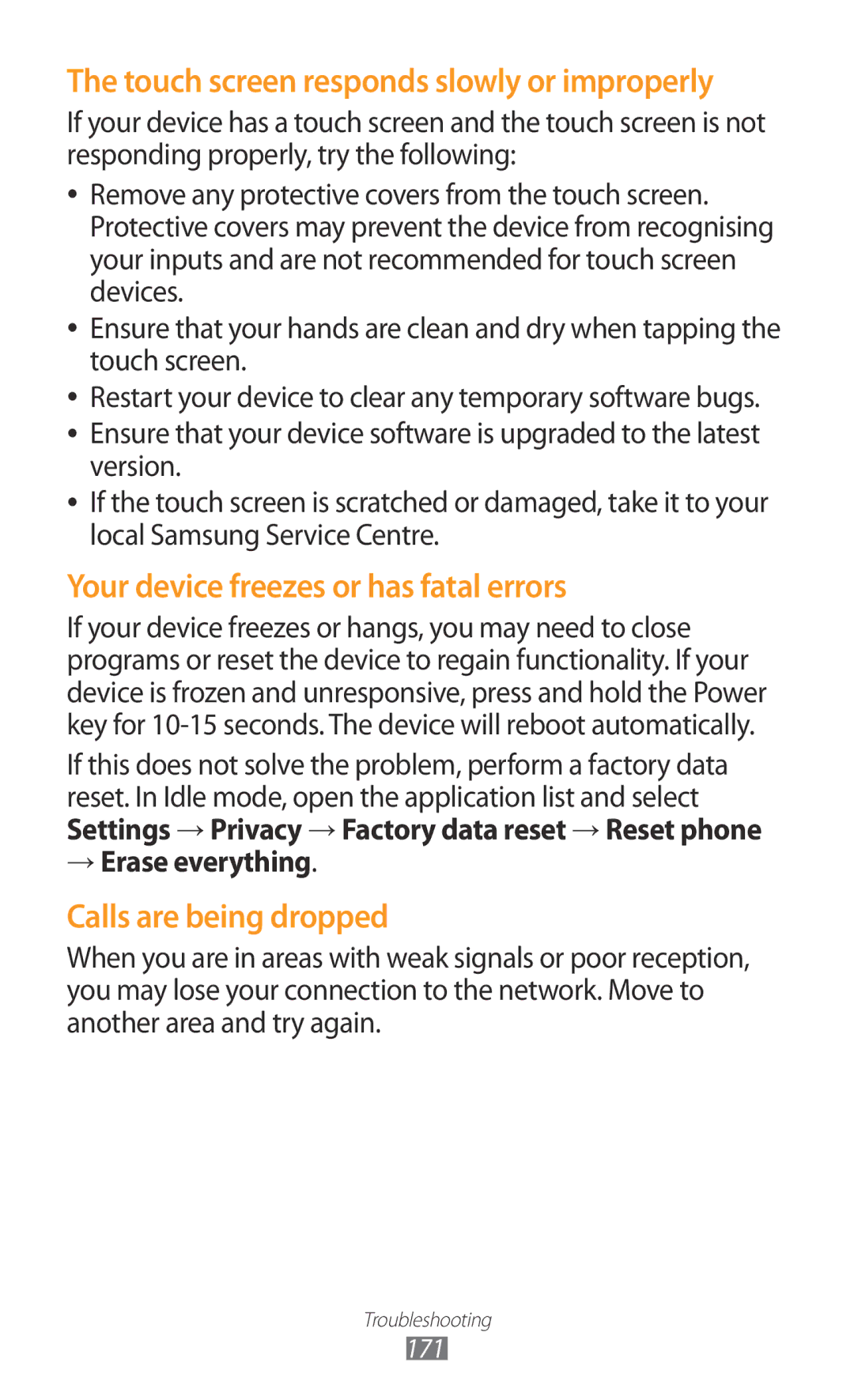 Samsung GT-N7000ZBADBT user manual Touch screen responds slowly or improperly, → Erase everything 