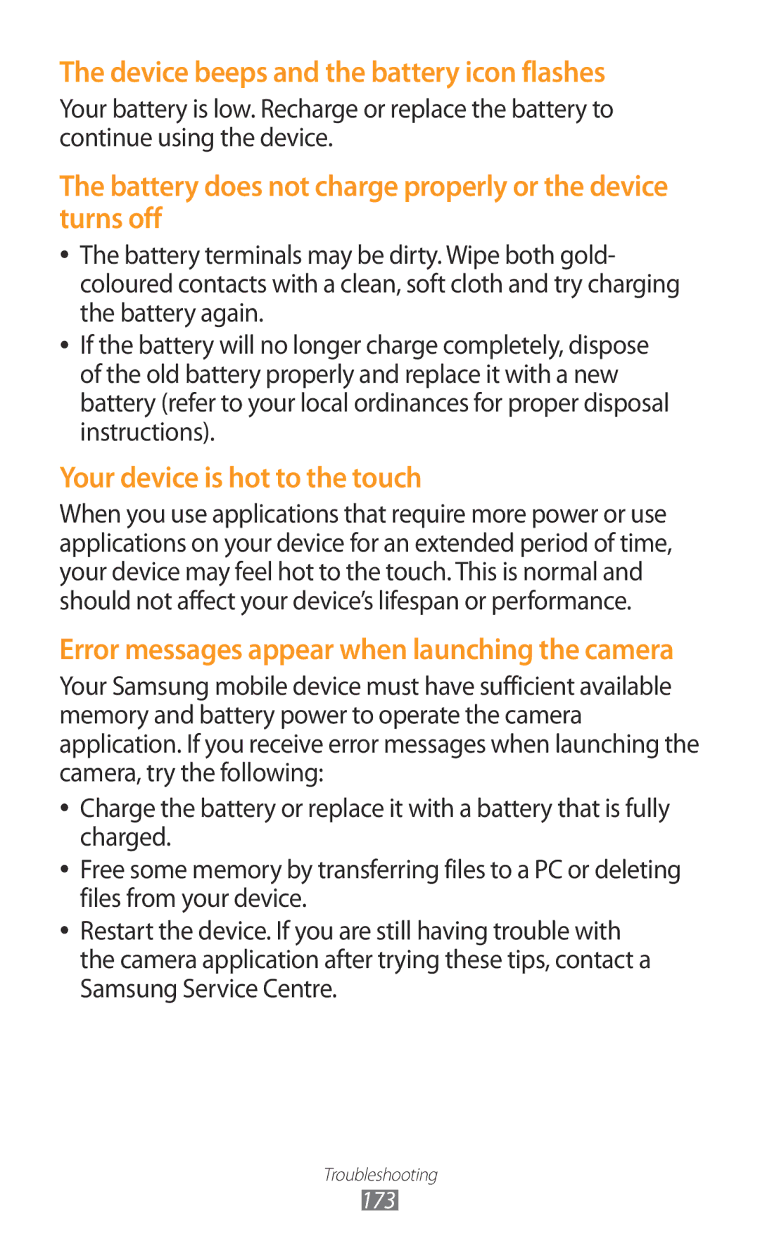 Samsung GT-N7000ZBADBT user manual Device beeps and the battery icon flashes 