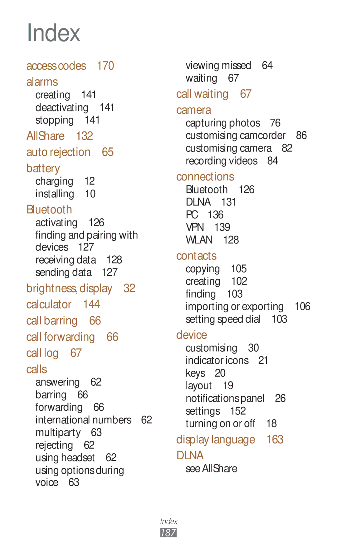 Samsung GT-N7000ZBADBT user manual Index 