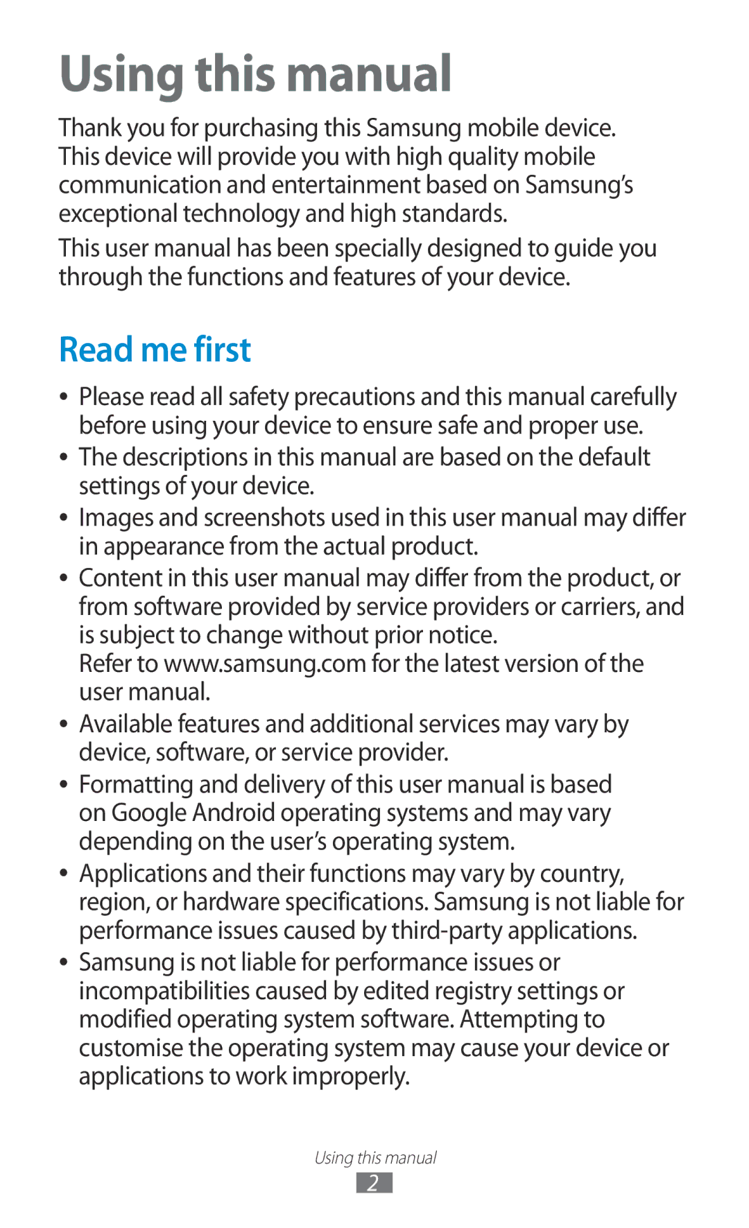 Samsung GT-N7000ZBADBT user manual Using this manual, Read me first 