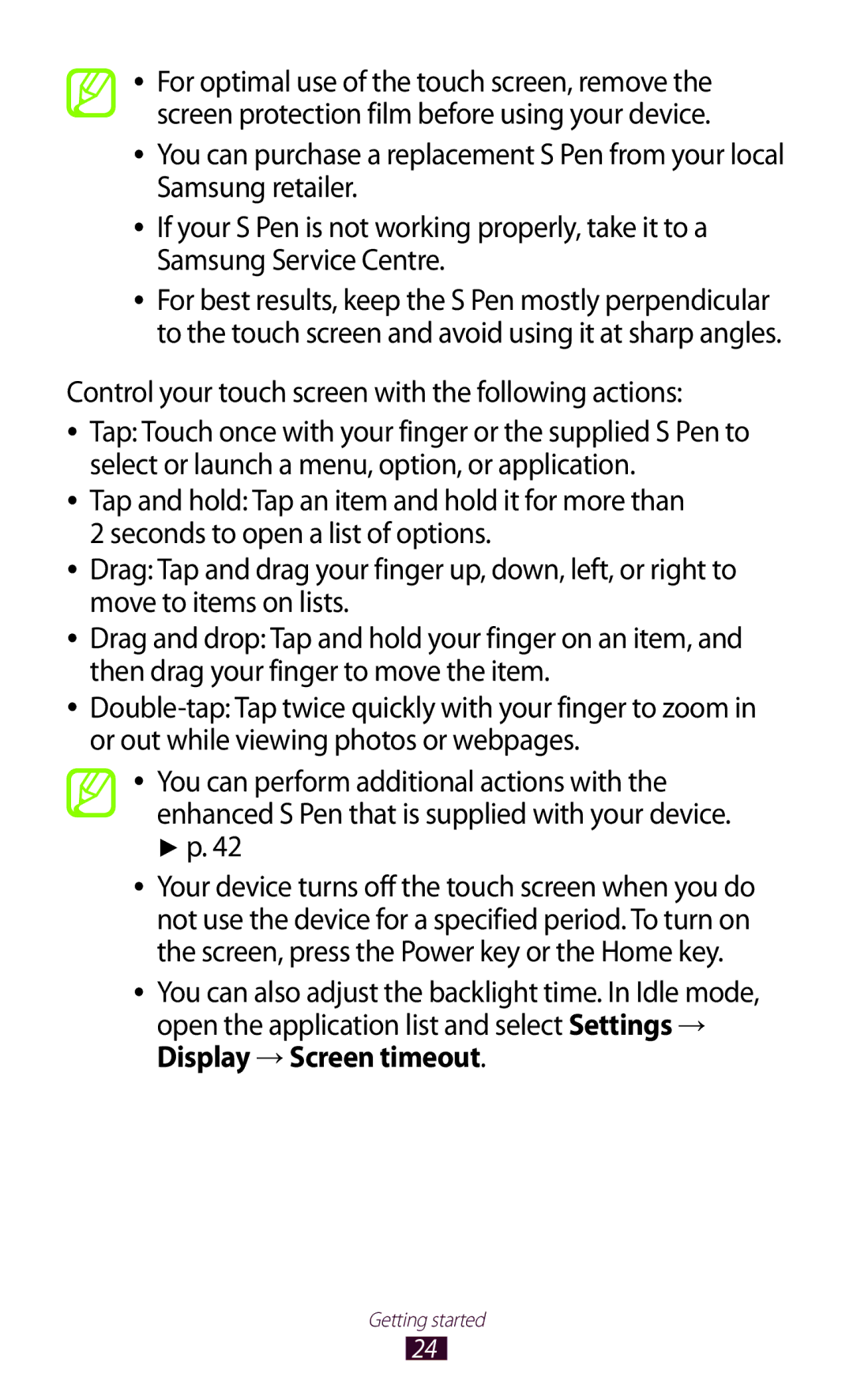 Samsung GT-N7000ZBADBT user manual Control your touch screen with the following actions 