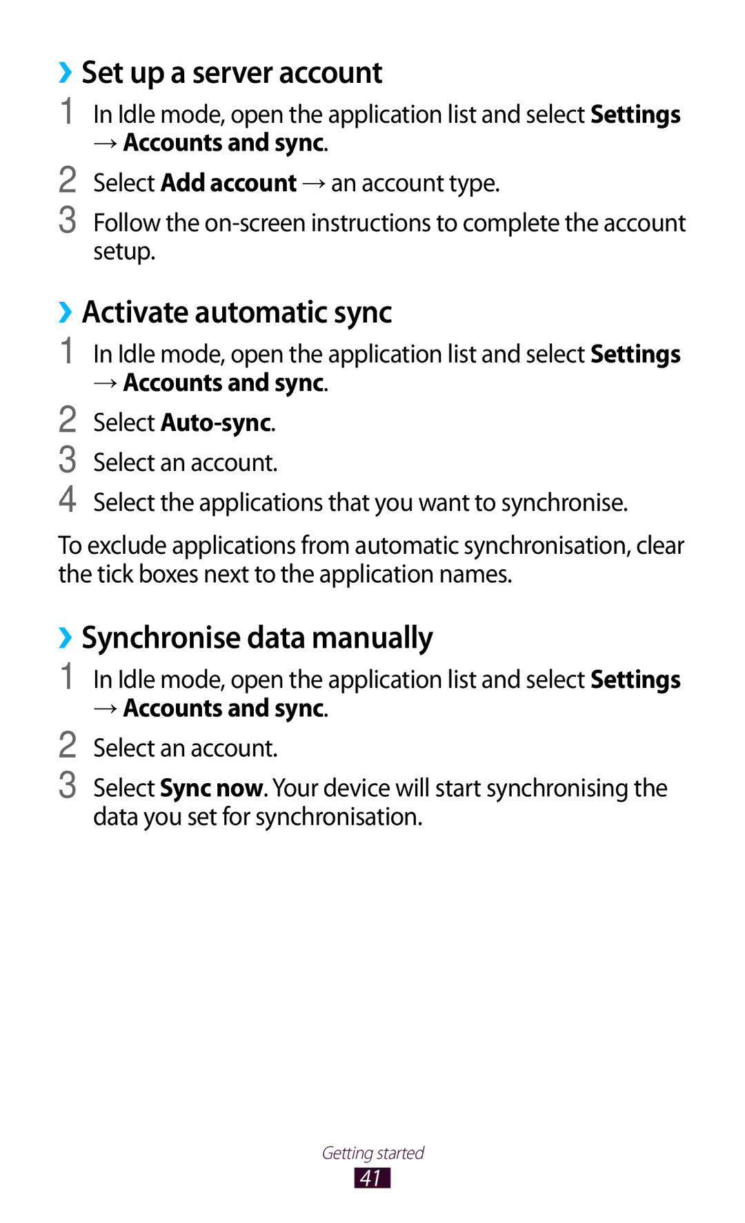 Samsung GT-N7000ZBADBT user manual ››Set up a server account, ››Activate automatic sync, ››Synchronise data manually 