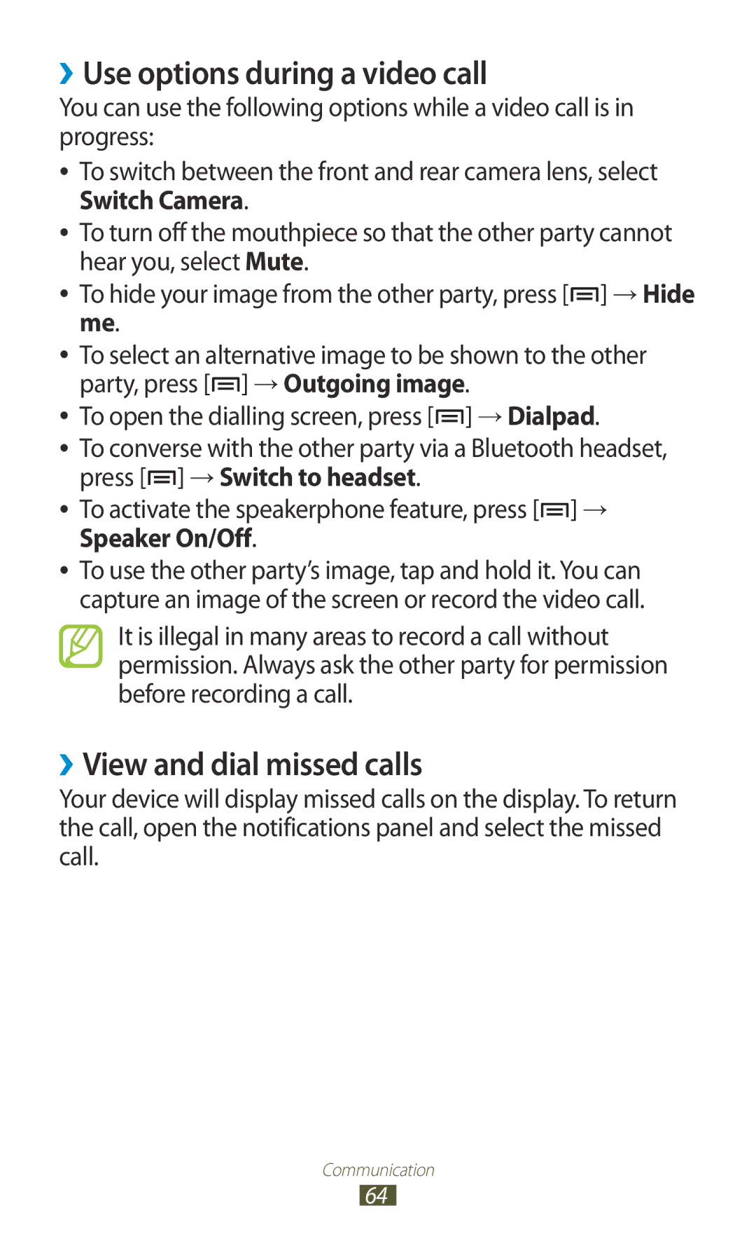 Samsung GT-N7000ZBADBT user manual ››Use options during a video call, ››View and dial missed calls 