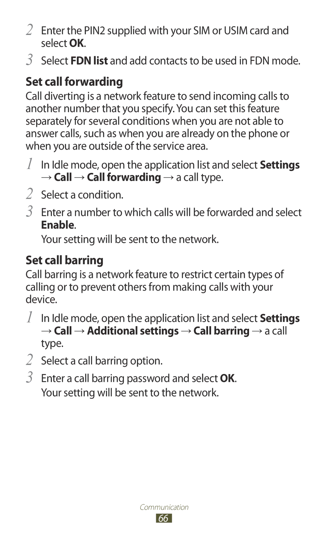 Samsung GT-N7000ZBADBT user manual → Call → Call forwarding → a call type. Select a condition, Select a call barring option 