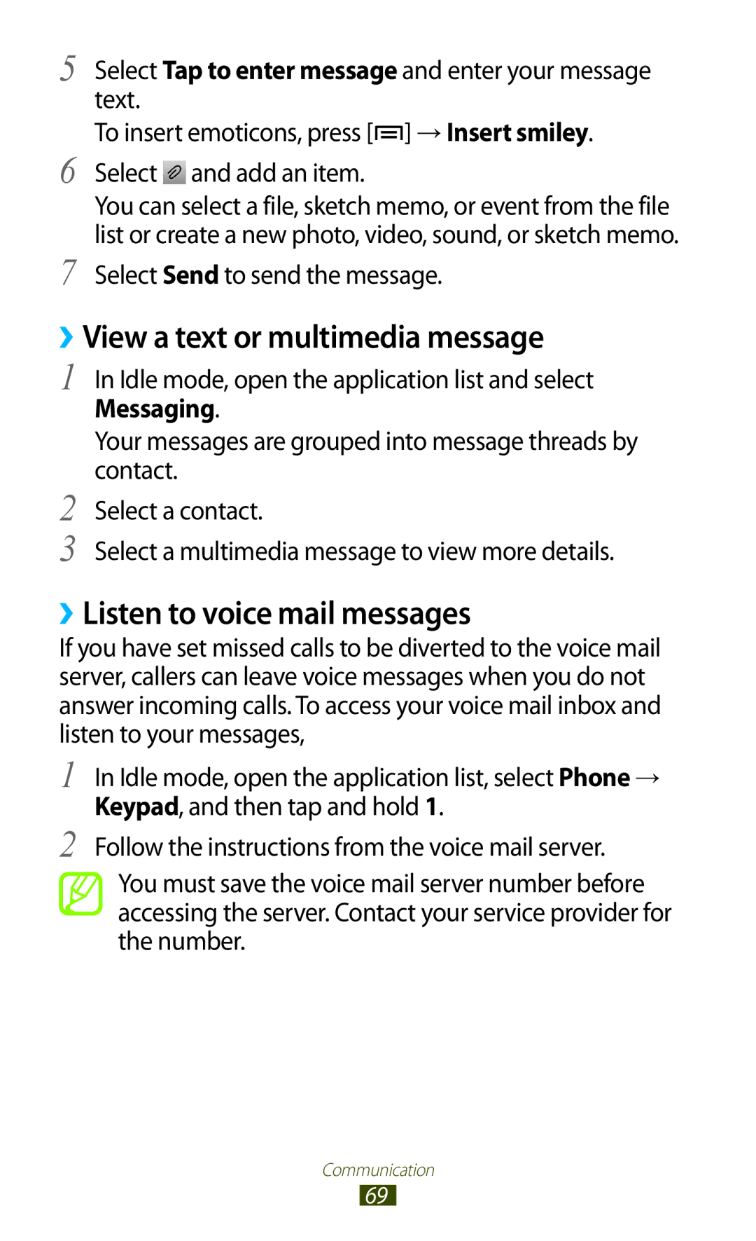 Samsung GT-N7000ZBADBT user manual ››View a text or multimedia message, ››Listen to voice mail messages 