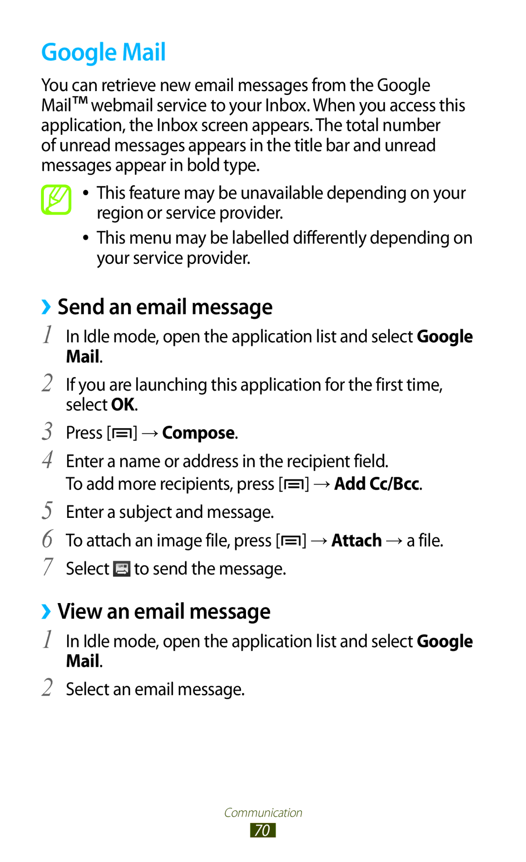 Samsung GT-N7000ZBADBT user manual Google Mail, ››Send an email message, ››View an email message 