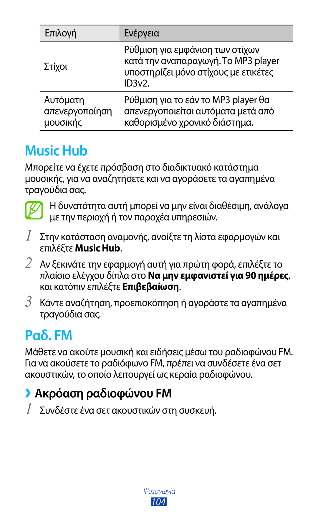 Samsung GT-N7000ZBEEUR, GT-N7000ZBAEUR, GT-N7000RWAEUR, GT-N7000RWAVGR manual Music Hub, Ραδ. FM, ››Ακρόαση ραδιοφώνου FM, 104 