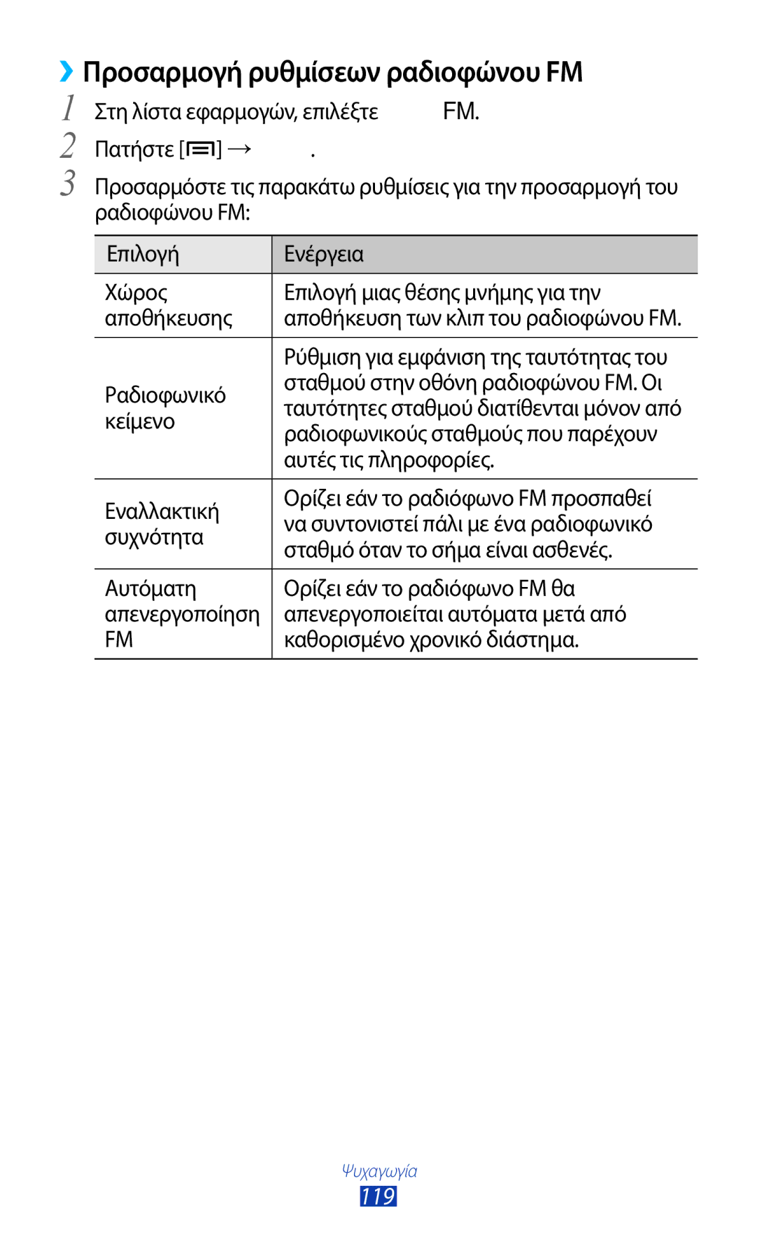 Samsung GT-N7000RWAVGR, GT-N7000ZBAEUR, GT-N7000RWAEUR, GT-N7000RWACOS manual ››Προσαρμογή ρυθμίσεων ραδιοφώνου FM, 119 