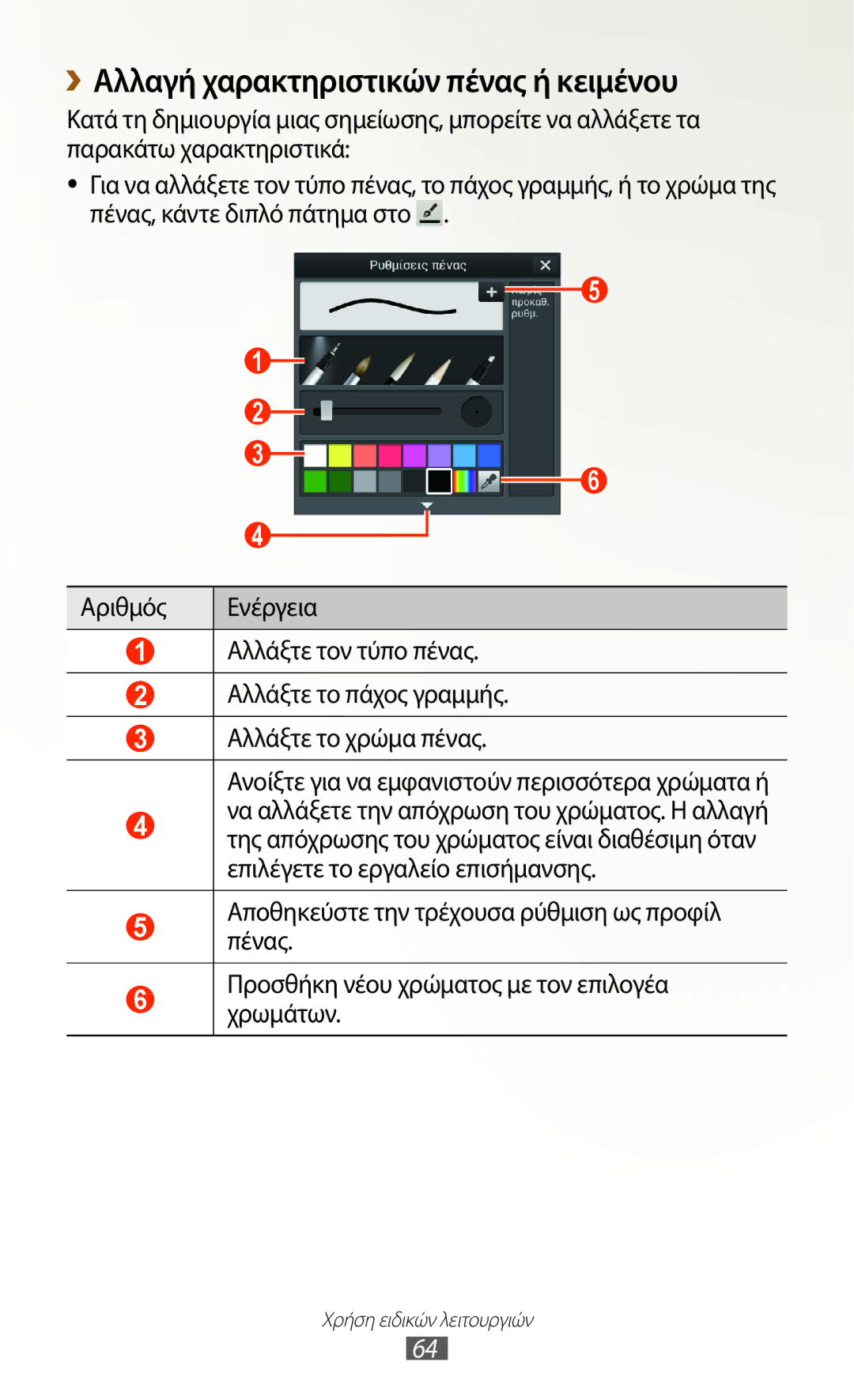 Samsung GT-N7000RWAEUR, GT-N7000ZBAEUR, GT-N7000RWAVGR, GT-N7000RWACOS manual ››Αλλαγή χαρακτηριστικών πένας ή κειμένου 