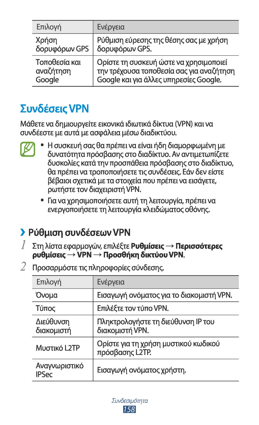 Samsung GT-N7000ZBEEUR, GT-N7000ZBAEUR manual Συνδέσεις VPN, ››Ρύθμιση συνδέσεων VPN, ρυθμίσεις →VPN →Προσθήκη δικτύου VPN 