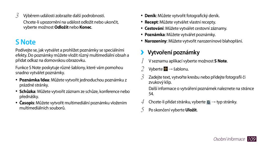 Samsung GT-N7000ZBAO2C, GT-N7000ZBAEUR ››Vytvoření poznámky, Zvukový klip, Chcete-li přidat stránku, vyberte → typ stránky 