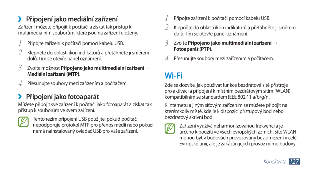 Samsung GT2N7000ZBAXEZ manual Wi-Fi, ››Připojení jako mediální zařízení, ››Připojení jako fotoaparát, Mediální zařízení MTP 