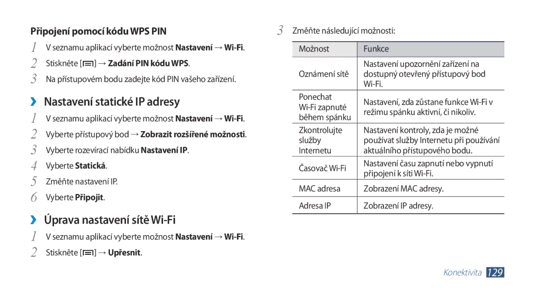 Samsung GT2N7000RWAXEZ manual ››Nastavení statické IP adresy, ››Úprava nastavení sítě Wi-Fi, Připojení pomocí kódu WPS PIN 