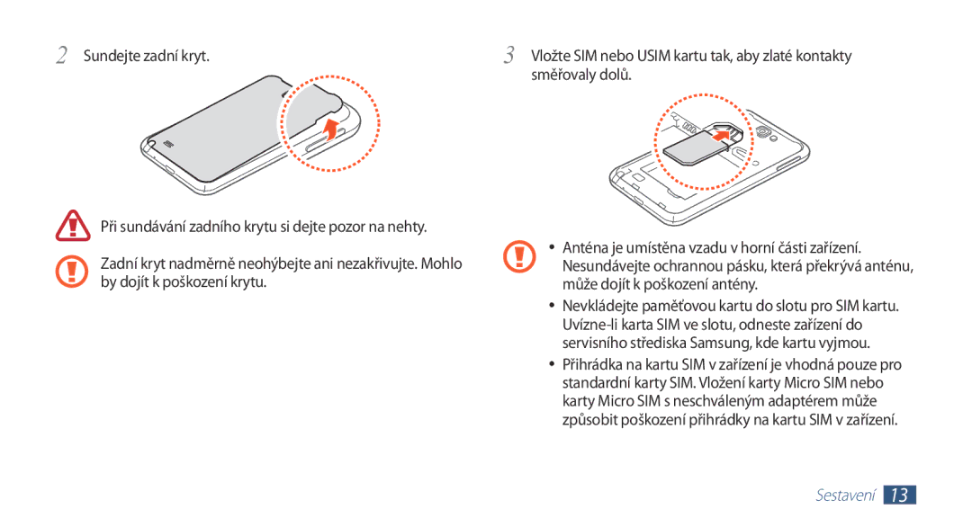 Samsung GT-N7000RWAXSK manual Sundejte zadní kryt, Směřovaly dolů, By dojít k poškození krytu Může dojít k poškození antény 