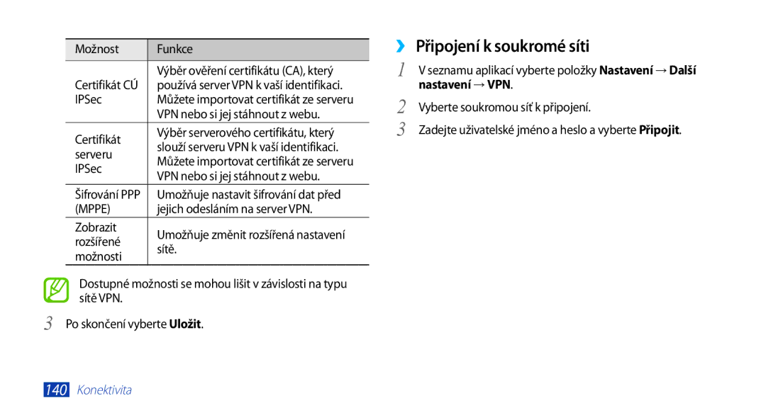 Samsung GT-N7000ZBAMAX, GT-N7000ZBAEUR manual ››Připojení k soukromé síti, Jejich odesláním na server VPN, Nastavení → VPN 