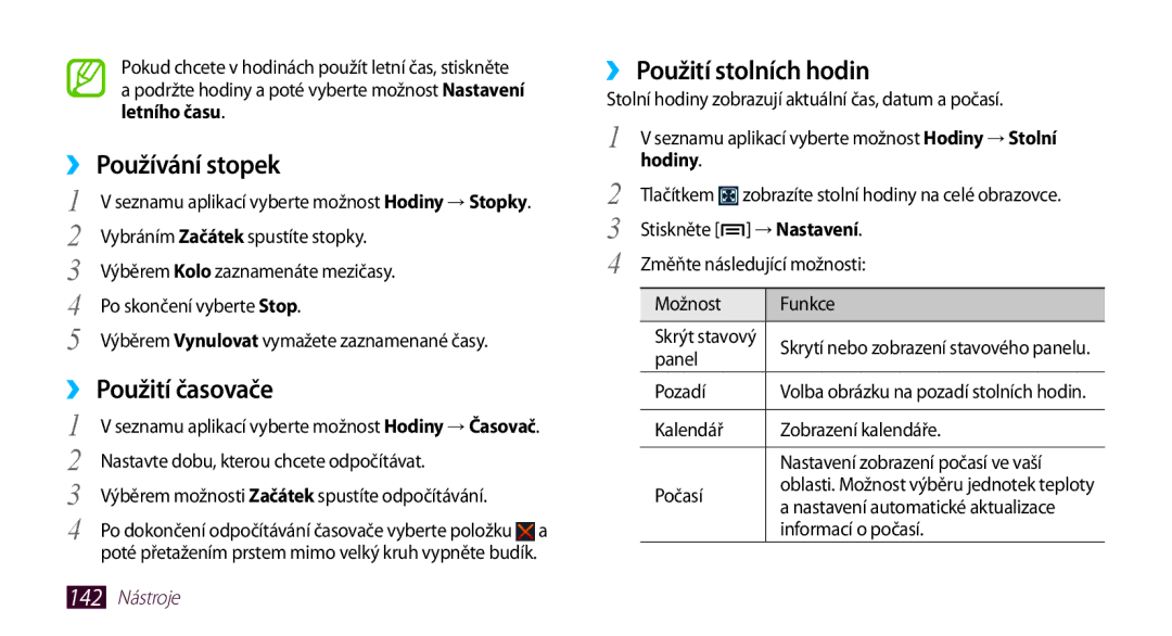 Samsung GT2N7000ZBAXEZ manual ››Používání stopek, ››Použití časovače, ››Použití stolních hodin, Hodiny, 142 Nástroje 