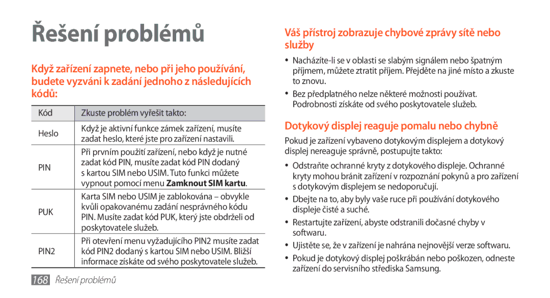 Samsung GT-N7000RWAXEO, GT-N7000ZBAEUR, GT-N7000ZBAXEZ manual Kód Zkuste problém vyřešit takto Heslo, 168 Řešení problémů 