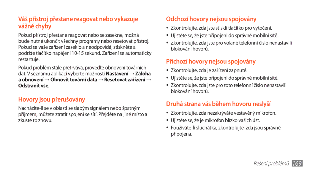 Samsung GT-N7000ZBAO2C, GT-N7000ZBAEUR manual Váš přístroj přestane reagovat nebo vykazuje vážné chyby, Řešení problémů 