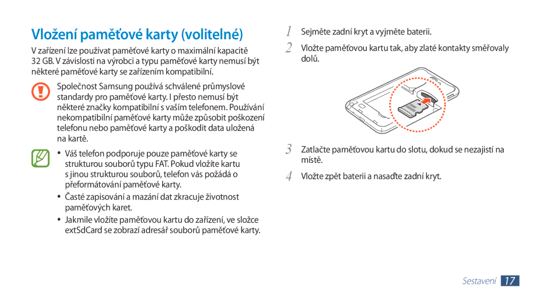 Samsung GT-N7000ZBAVDC, GT-N7000ZBAEUR, GT-N7000ZBAXEZ, GT-N7000RWAXEO, GT-N7000ZBAO2C manual Vložení paměťové karty volitelné 