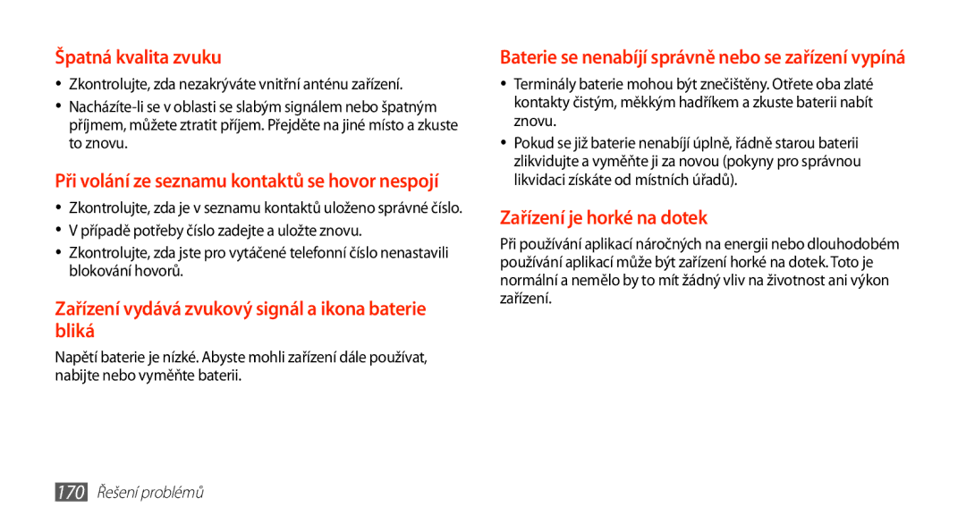 Samsung GT-N7000ZBAMAX, GT-N7000ZBAEUR, GT-N7000ZBAXEZ, GT-N7000ZBAVDC manual Špatná kvalita zvuku, 170 Řešení problémů 