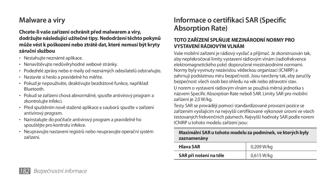 Samsung GT-N7000ZBAVDC, GT-N7000ZBAEUR, GT-N7000ZBAXEZ Malware a viry, Informace o certifikaci SAR Specific Absorption Rate 