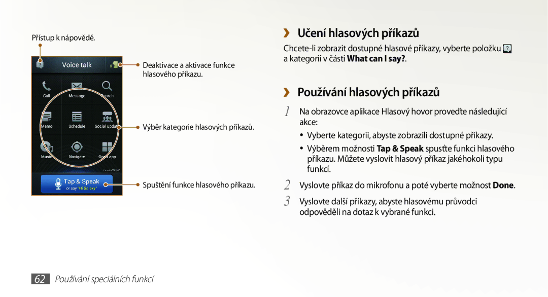 Samsung GT-N7000ZBAVDC manual ››Učení hlasových příkazů, ››Používání hlasových příkazů, 62 Používání speciálních funkcí 