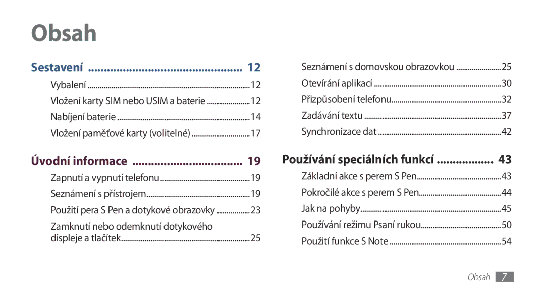 Samsung GT2N7000ZBAXEZ, GT-N7000ZBAEUR, GT-N7000ZBAXEZ, GT-N7000ZBAVDC Úvodní informace, Používání speciálních funkcí, Obsah 