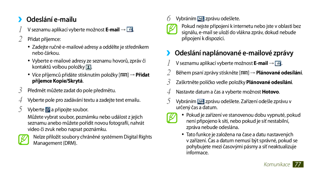 Samsung GT-N7000ZBAVDC, GT-N7000ZBAEUR, GT-N7000ZBAXEZ manual ››Odeslání naplánované e-mailové zprávy, Příjemce Kopie/Skrytá 