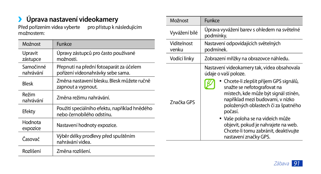 Samsung GT-N7000ZBAXEZ, GT-N7000ZBAEUR, GT-N7000ZBAVDC, GT-N7000RWAXEO, GT-N7000ZBAO2C manual ››Úprava nastavení videokamery 