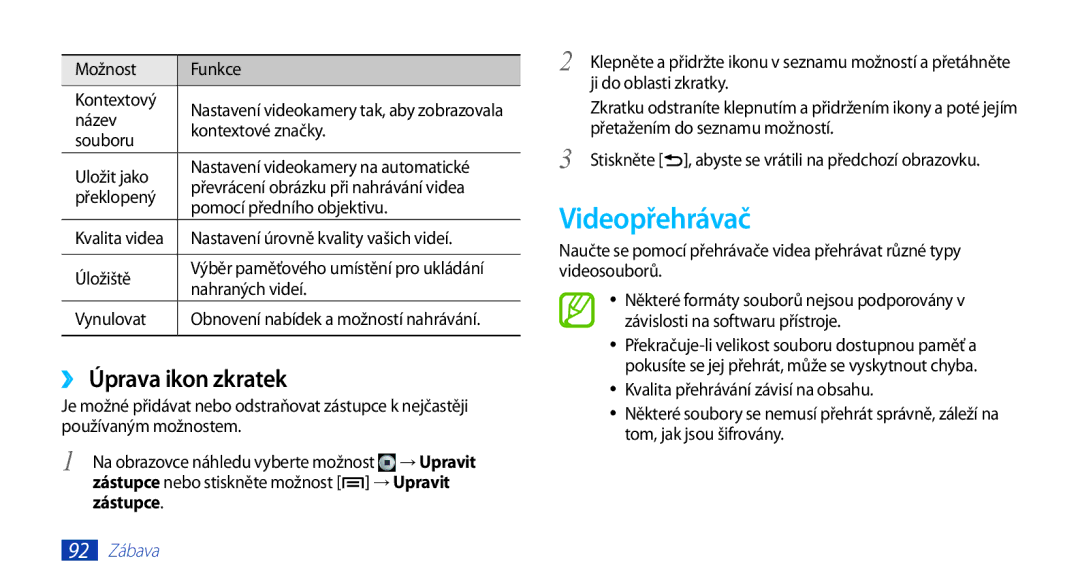 Samsung GT-N7000ZBAVDC, GT-N7000ZBAEUR Videopřehrávač, ››Úprava ikon zkratek, Možnost Funkce Kontextový, Nahraných videí 