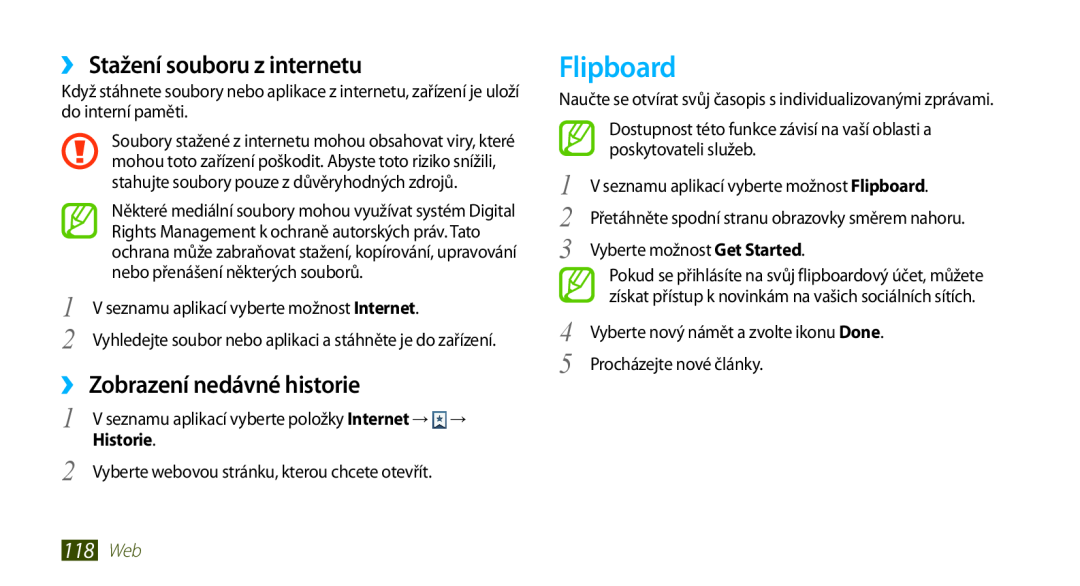 Samsung GT-N7000RWAXSK manual Flipboard, ››Stažení souboru z internetu, ››Zobrazení nedávné historie, Historie, 118 Web 