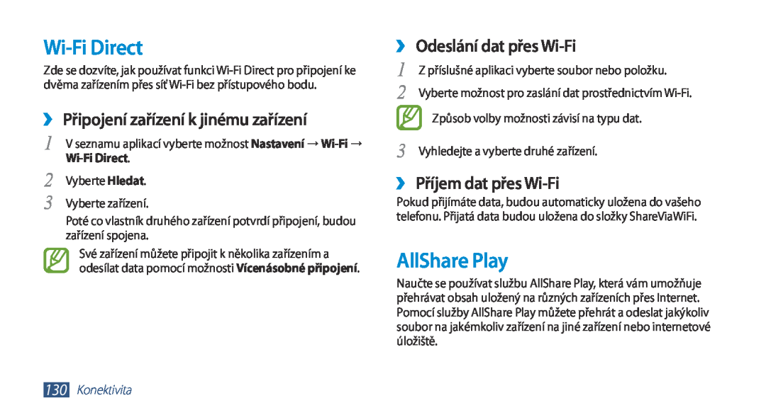 Samsung GT-N7000ZBAXSK Wi-Fi Direct, AllShare Play, ››Připojení zařízení k jinému zařízení, ››Odeslání dat přes Wi-Fi 