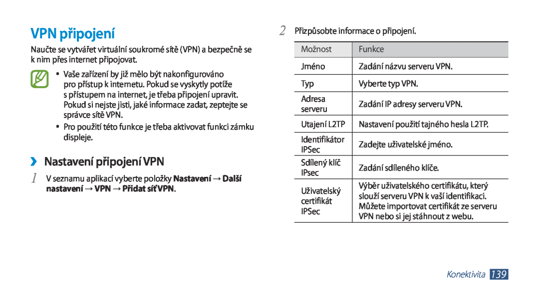 Samsung GT-N7000ZBAO2C manual VPN připojení, ››Nastavení připojení VPN, nastavení → VPN → Přidat síť VPN, Konektivita 
