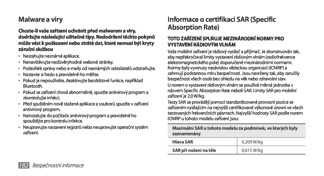 Samsung GT-N7000ZBAVDC manual Malware a viry, Informace o certifikaci SAR Specific Absorption Rate, Bezpečnostní informace 