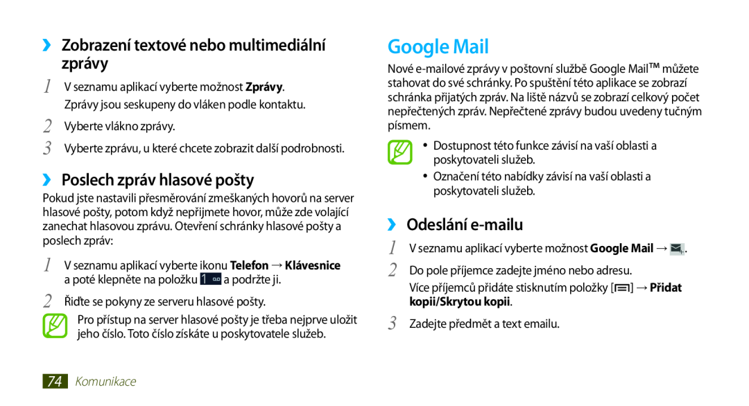 Samsung GT-N7000RWAXEZ manual Google Mail, ››Zobrazení textové nebo multimediální zprávy, ››Poslech zpráv hlasové pošty 