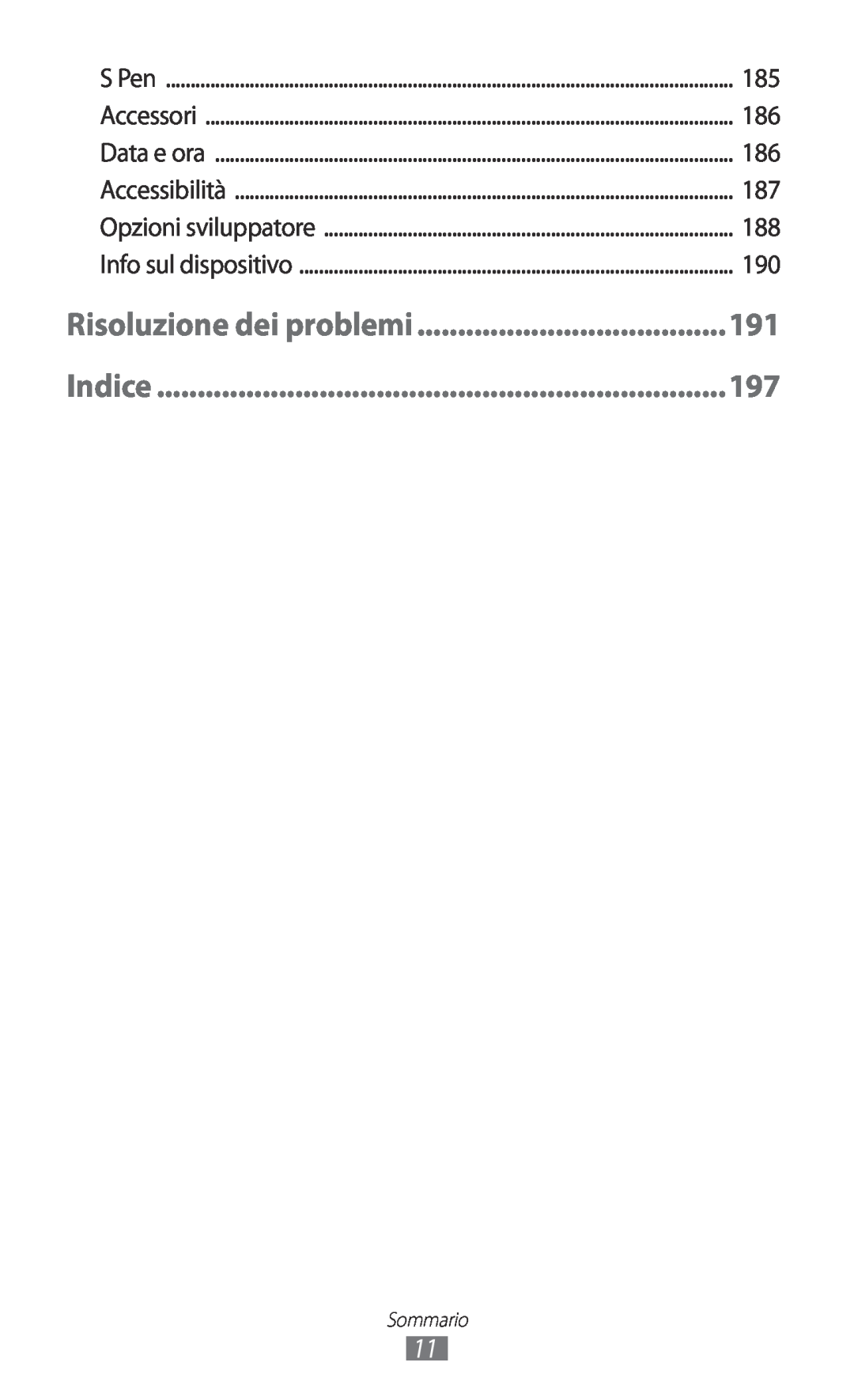 Samsung GT-N7000ZBATIM manual Risoluzione dei problemi, Indice, Sommario, Opzioni sviluppatore, Info sul dispositivo 