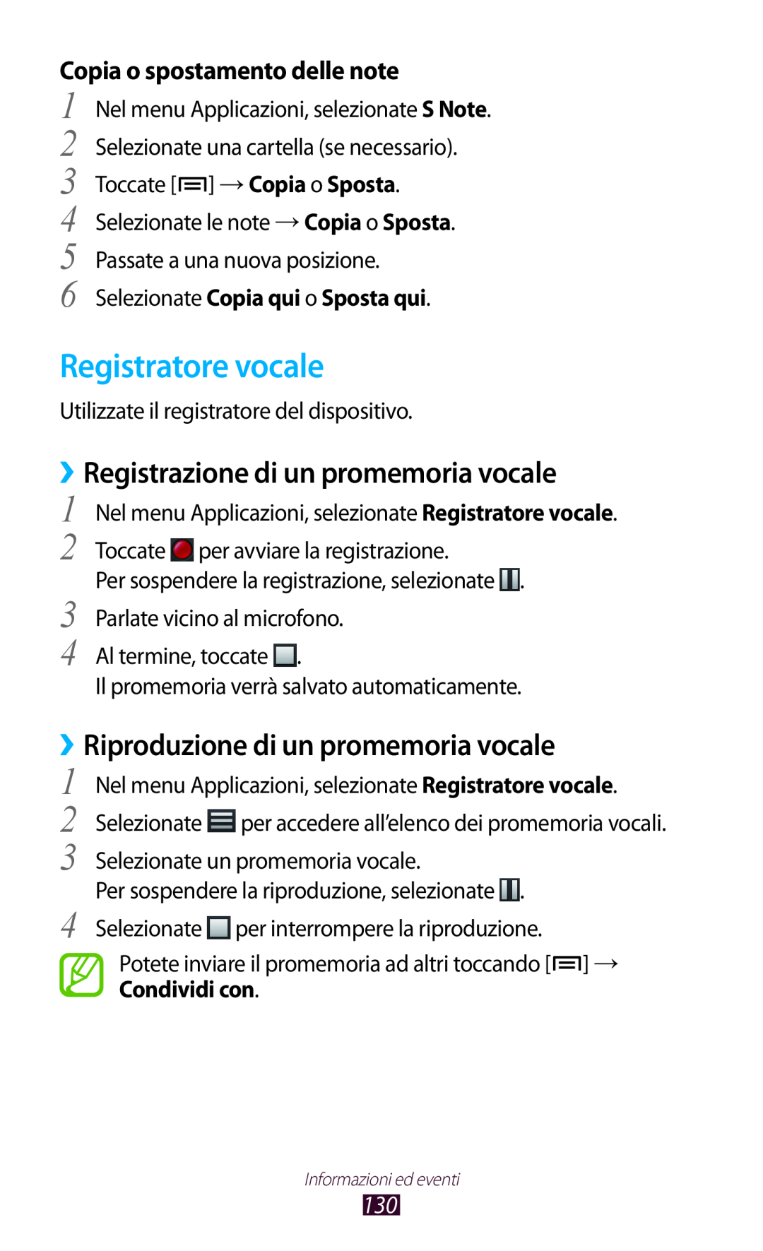 Samsung GT-N7000ZBAFWB manual Registratore vocale, ››Riproduzione di un promemoria vocale, Copia o spostamento delle note 