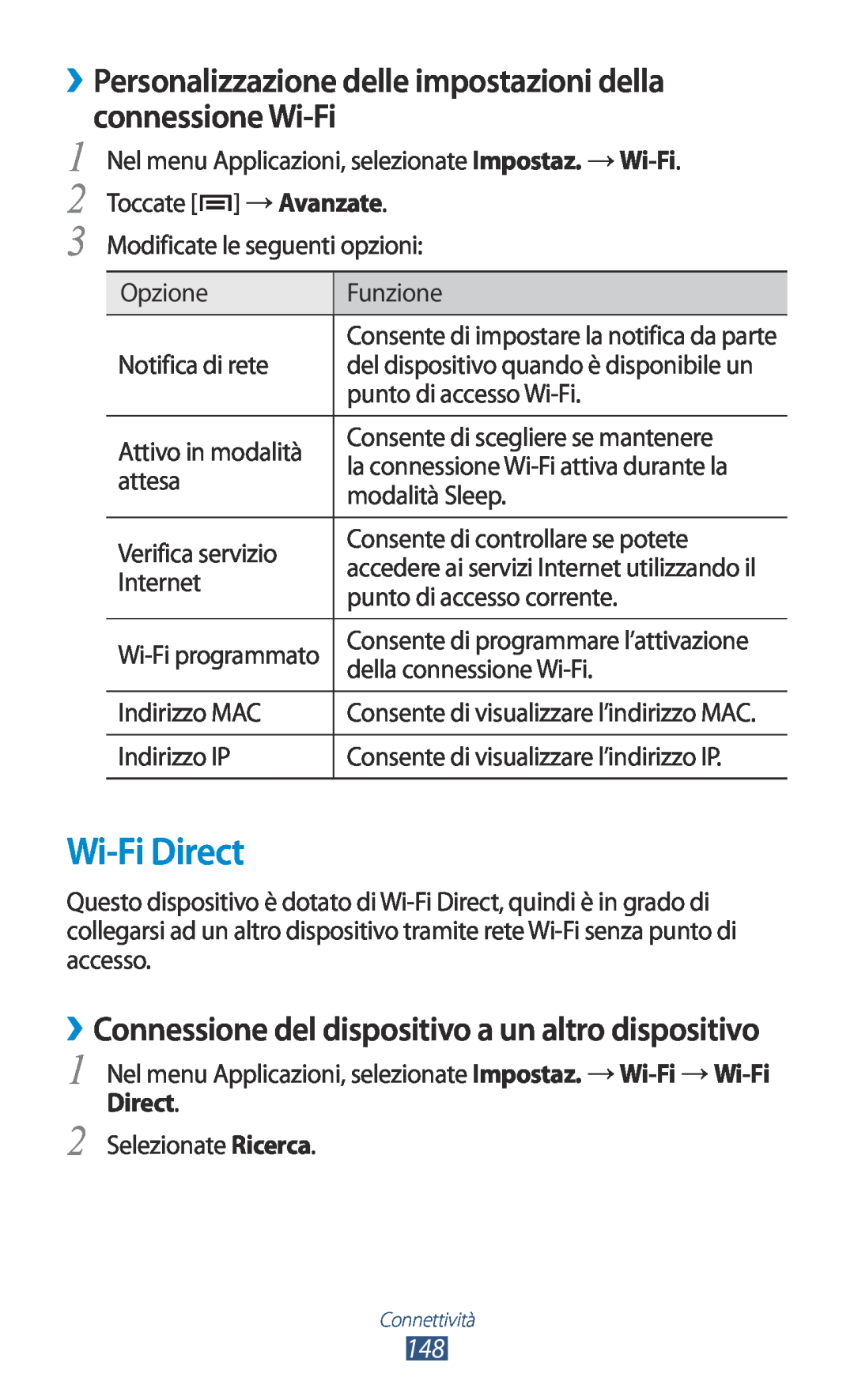 Samsung GT-N7000RWEITV, GT-N7000ZBAXEO manual Wi-Fi Direct, ››Personalizzazione delle impostazioni della, connessione Wi-Fi 