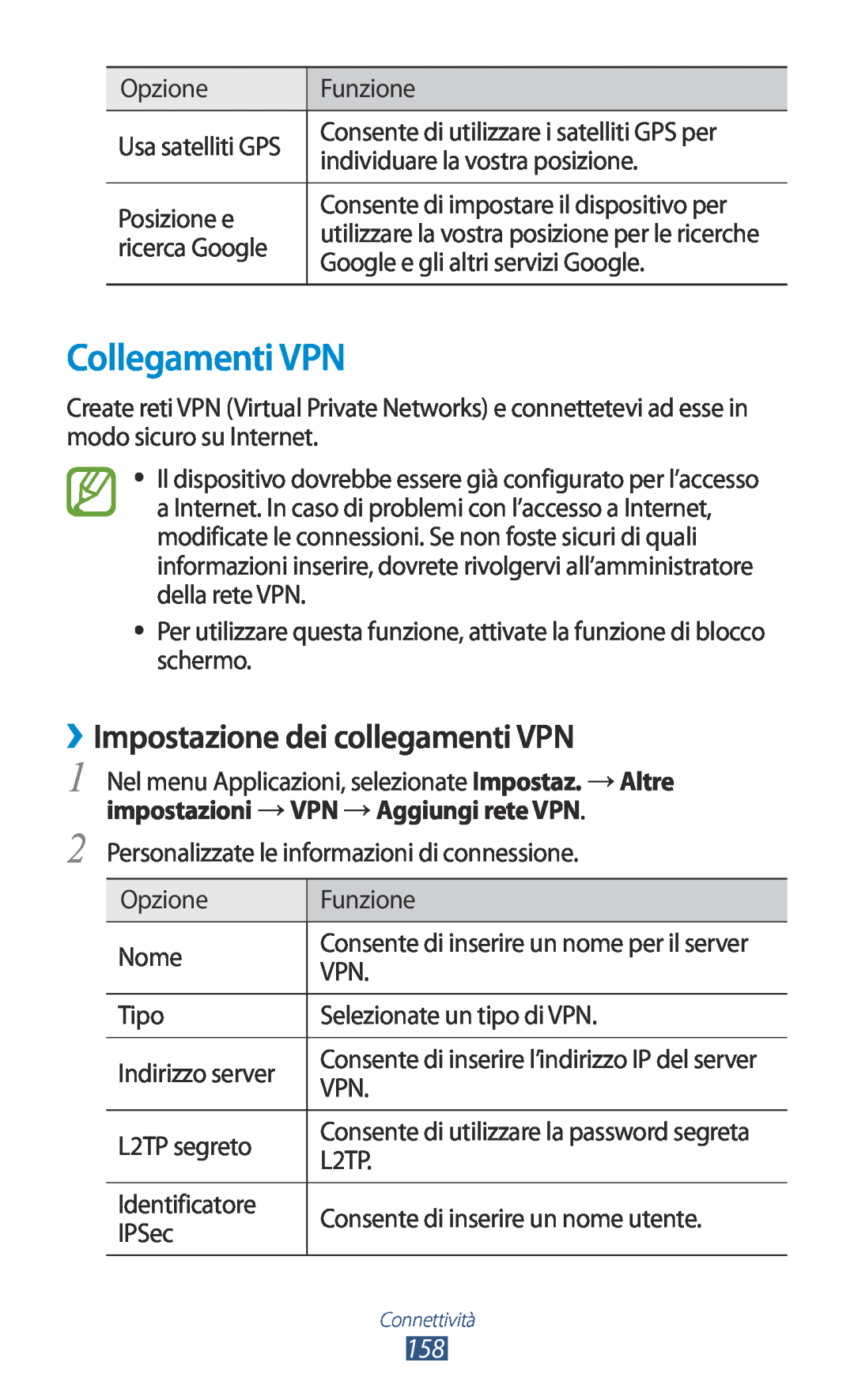 Samsung GT-N7000RWAHUI, GT-N7000ZBAXEO manual Collegamenti VPN, Impostazione dei collegamenti VPN, →VPN →Aggiungi rete VPN 
