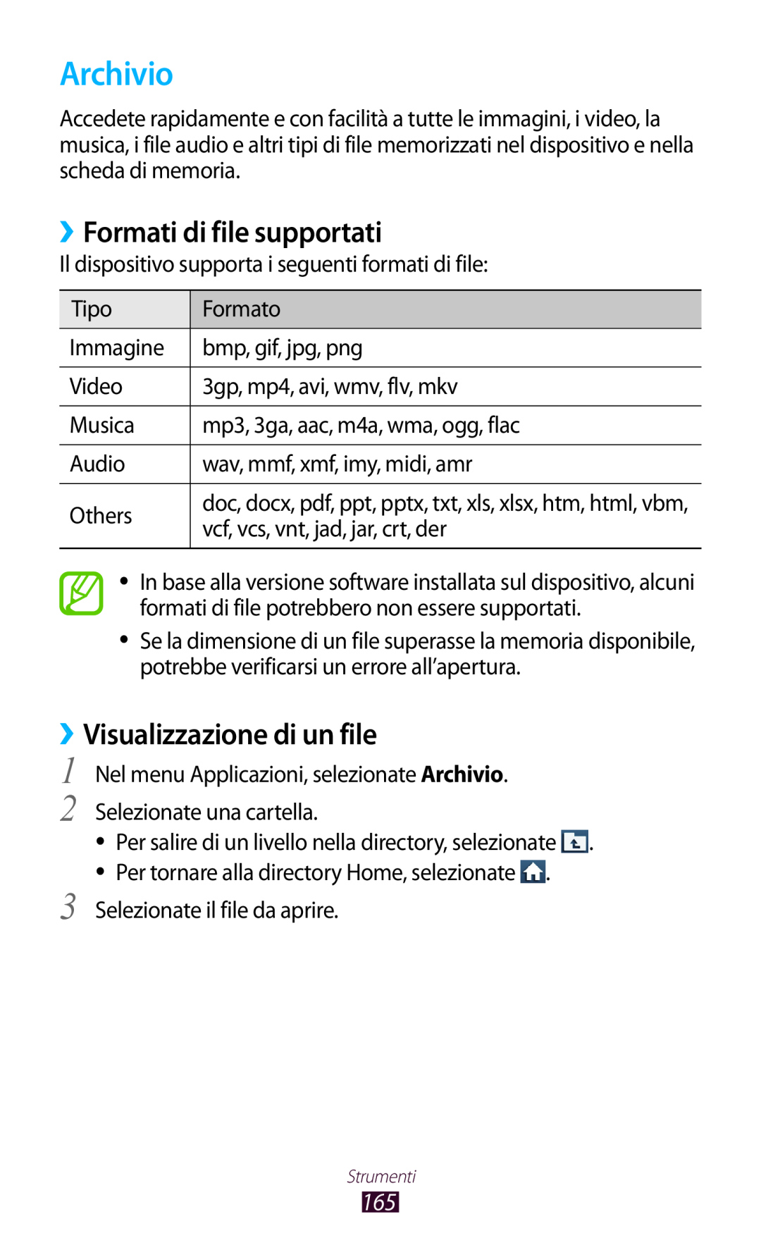 Samsung GT-N7000RWAOMN, GT-N7000ZBAXEO, GT-N7000ZBEHUI Archivio, ››Formati di file supportati, ››Visualizzazione di un file 