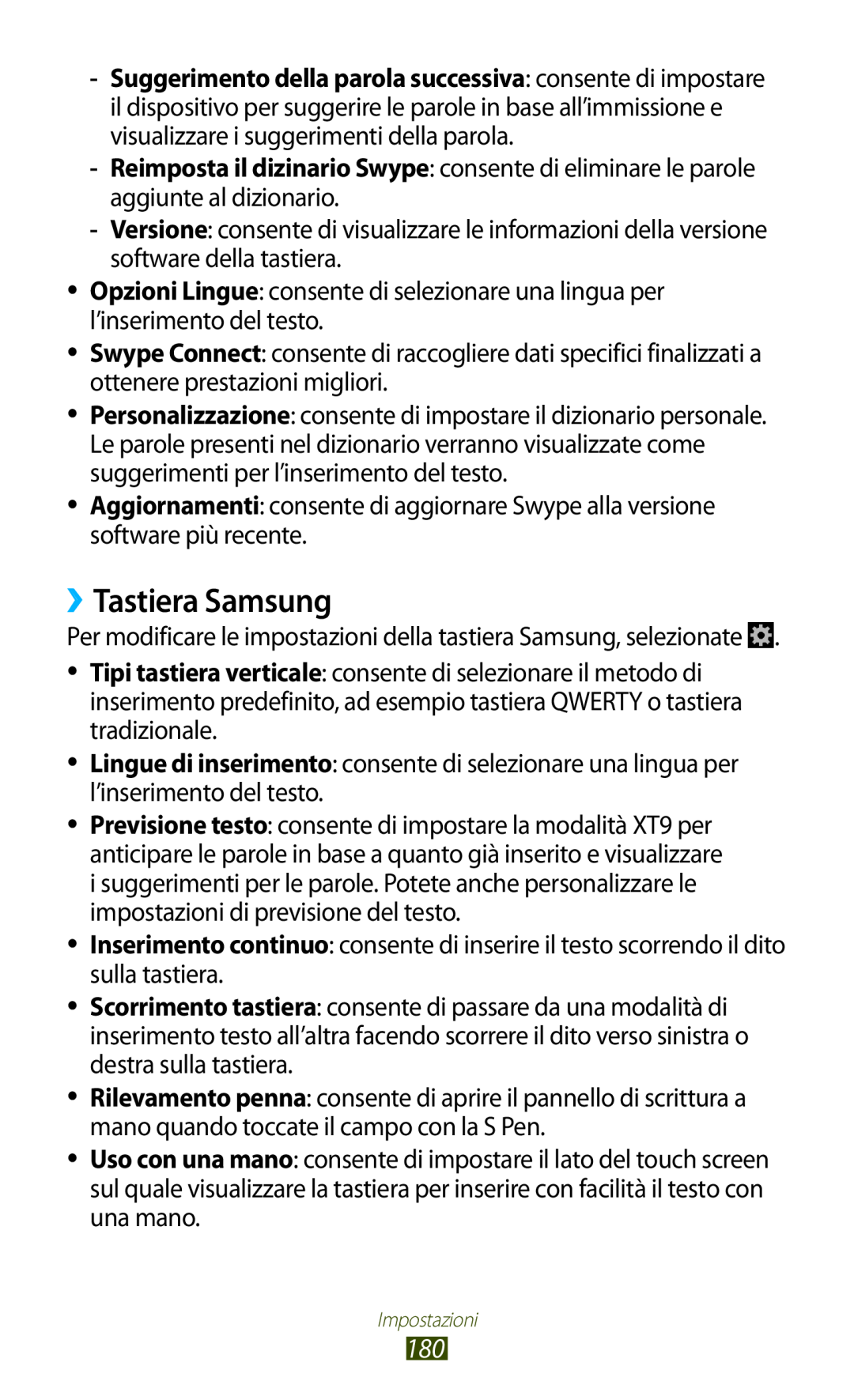Samsung GT-N7000RWEITV manual ››Tastiera Samsung, Per modificare le impostazioni della tastiera Samsung, selezionate 