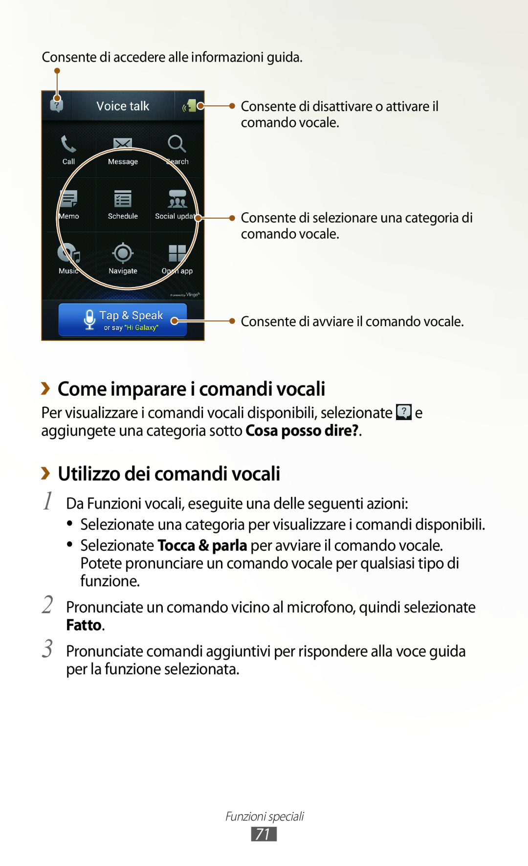Samsung GT-N7000ZBAOMN, GT-N7000ZBAXEO manual ››Come imparare i comandi vocali, ››Utilizzo dei comandi vocali, Fatto 