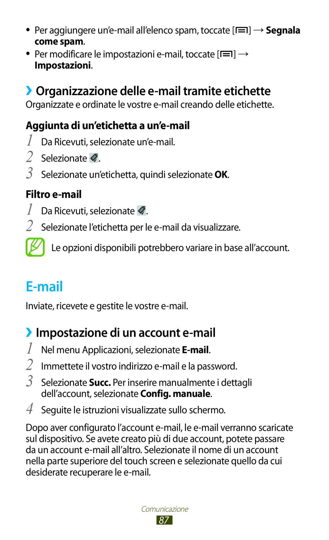 Samsung GT-N7000ZBAOMN manual E-mail, ››Organizzazione delle e-mail tramite etichette, ››Impostazione di un account e-mail 
