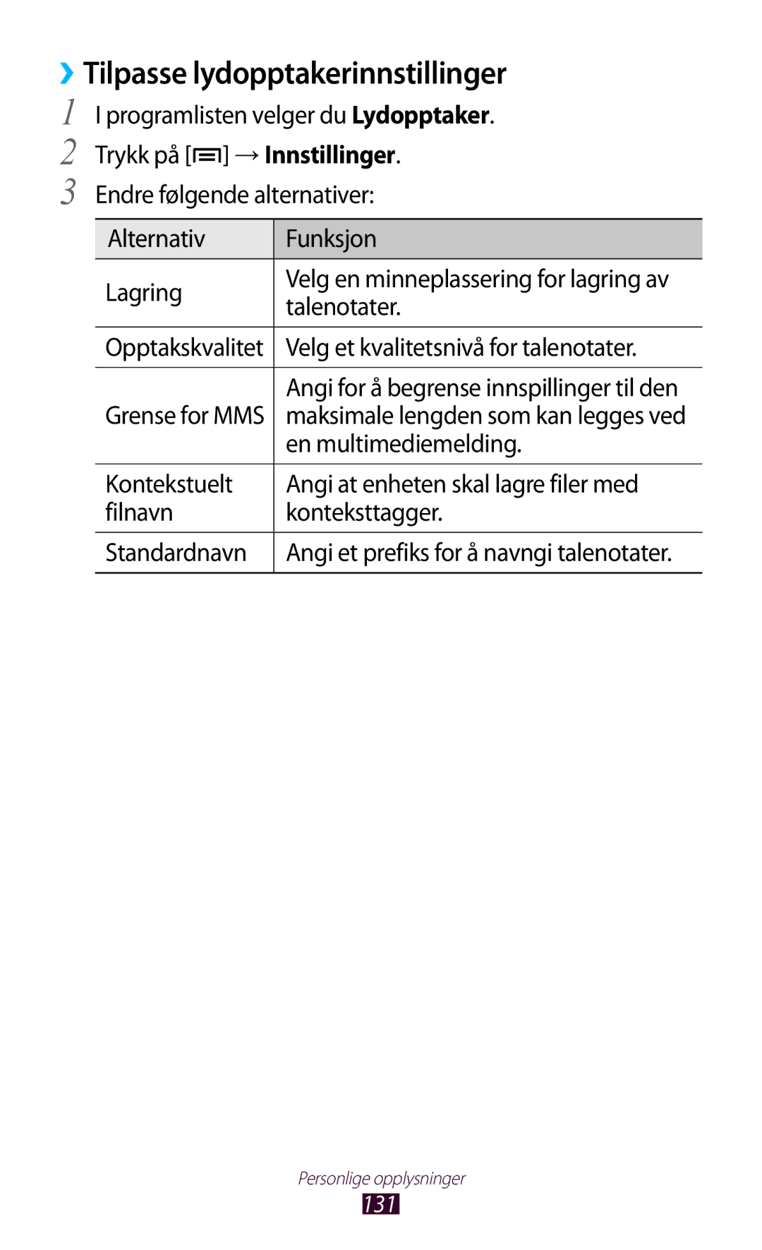 Samsung GT-N7000RWANEE, GT-N7000ZBENEE manual ››Tilpasse lydopptakerinnstillinger, Talenotater, En multimediemelding 