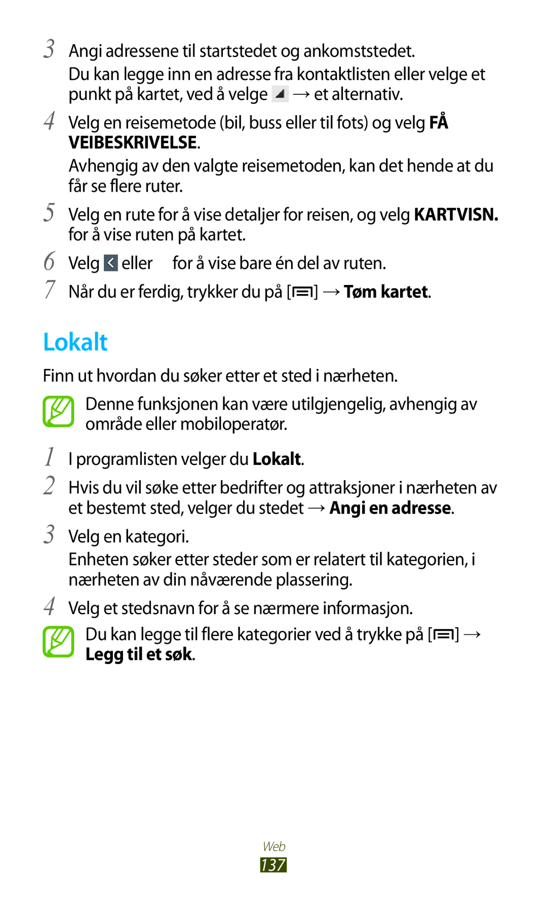 Samsung GT-N7000ZBANEE, GT-N7000ZBENEE manual Lokalt, Angi adressene til startstedet og ankomststedet, Velg en kategori 