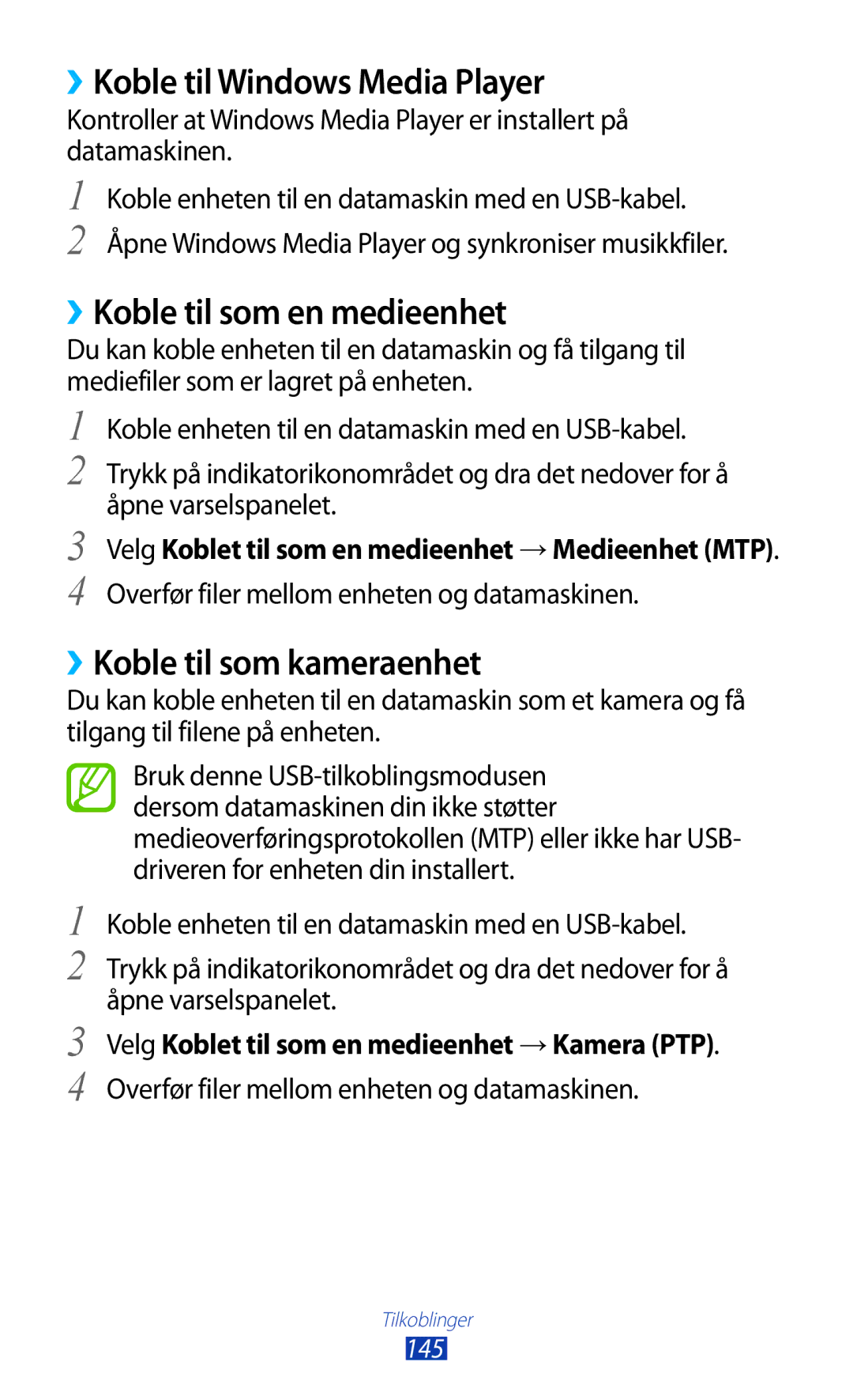 Samsung GT-N7000ZBANEE manual ››Koble til Windows Media Player, ››Koble til som en medieenhet, ››Koble til som kameraenhet 