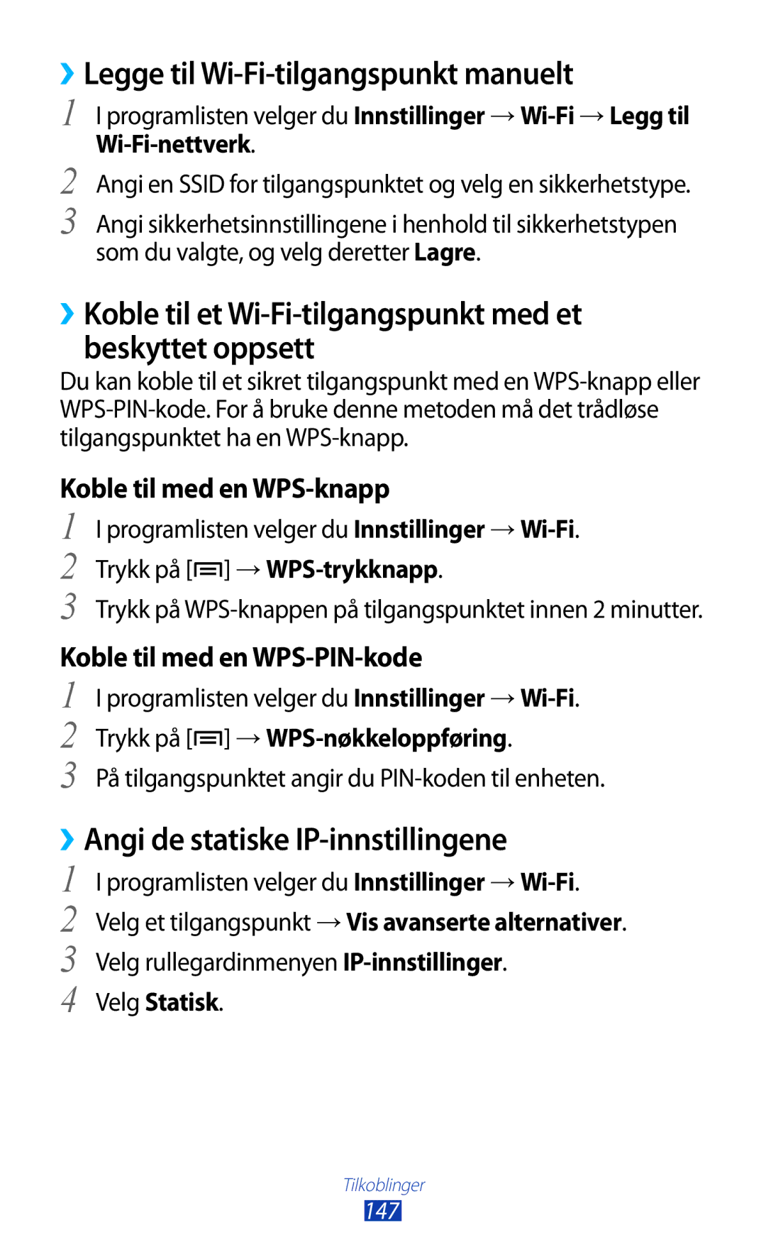 Samsung GT-N7000RWANEE, GT-N7000ZBENEE manual ››Legge til Wi-Fi-tilgangspunkt manuelt, ››Angi de statiske IP-innstillingene 